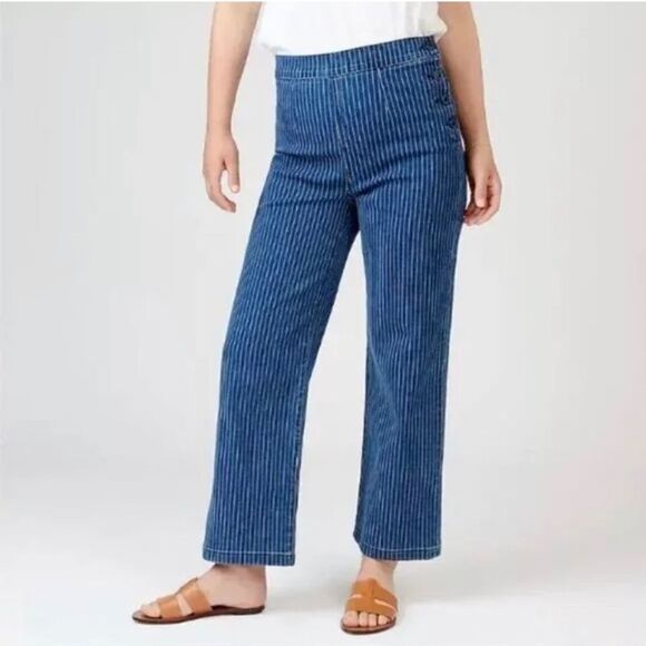 J Crew Womens High Rise Blue Striped Side Buttons Slim Wide Leg Jeans Size 32 - Picture 1 of 9